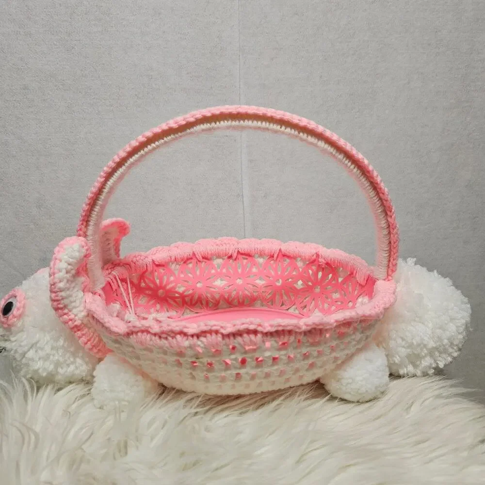 Vintage Style Handmade Crochet Easter Bunny Basket - Pink & White Plush Knit